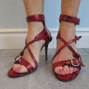 CHLOE Red and Black Leather Buckle Design High Heel Sandals